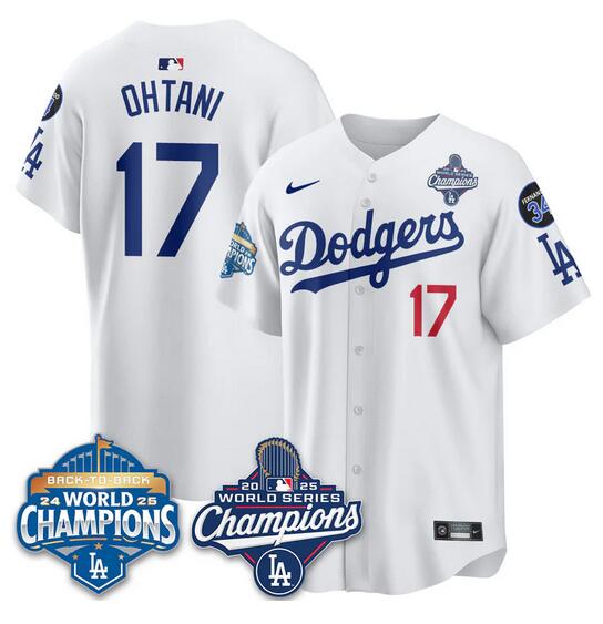 Men's Los Angeles Dodgers #17 Shohei Ohtani White 2025 World Series Champions & Back to Back Champions With No.34 Patch Limited Stitched Baseball Jersey Men's Los Angeles Dodgers #17 Shohei Ohtani White 2025 World Series Champions & Back to Back Champions With No.34 Patch Limited Stitched Baseball Jersey